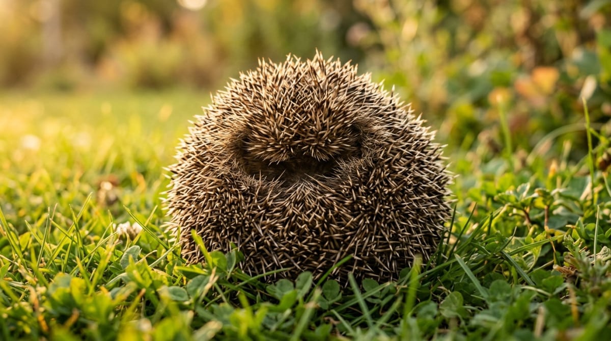 Hérisson roulé en boule dans l'herbe au soleil