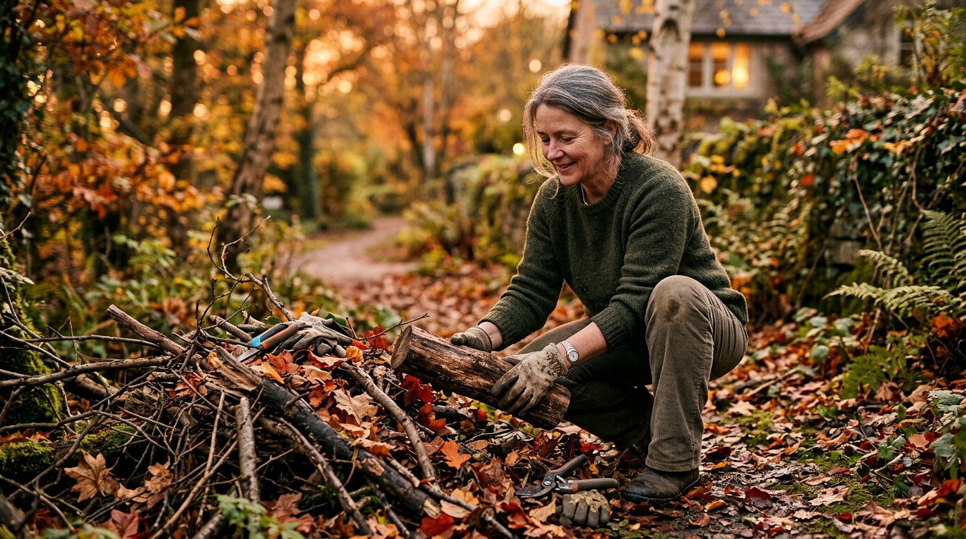 Femme aménageant un tas de bois mort au jardin