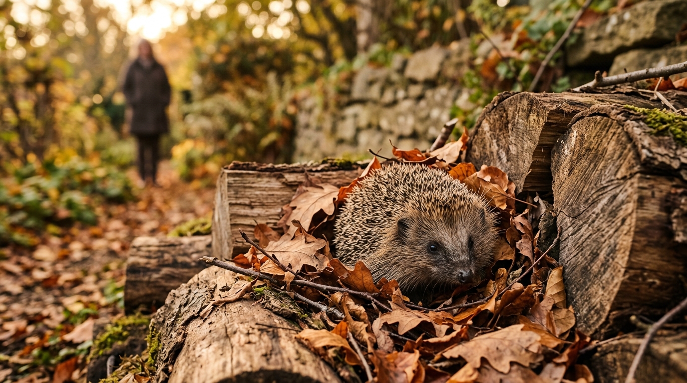 Hérisson caché dans les feuilles mortes et le bois