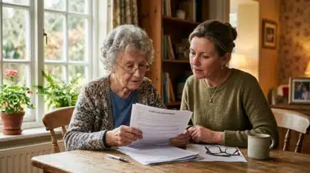Famille examinant des documents de transmission patrimoniale