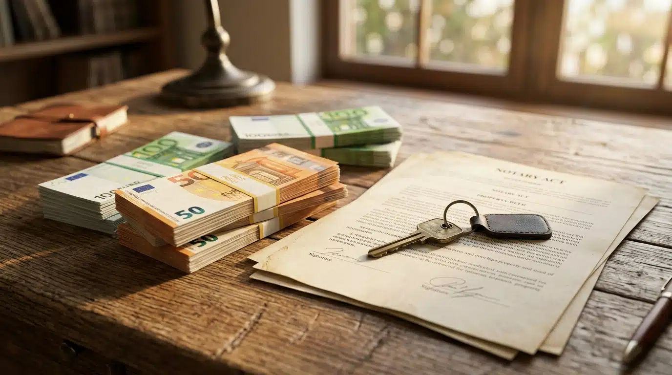 Clé de maison posée sur des billets et documents notariaux