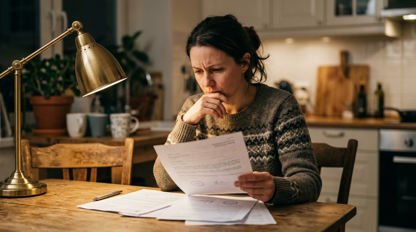 Fille inquiète lisant des documents d'héritage