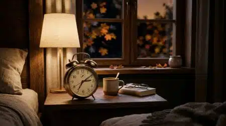 Réveil classique posé sur une table de nuit la nuit