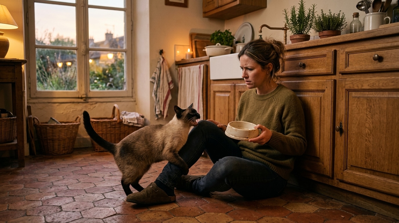 Femme inquiète avec un chat siamois réclamant sa gamelle