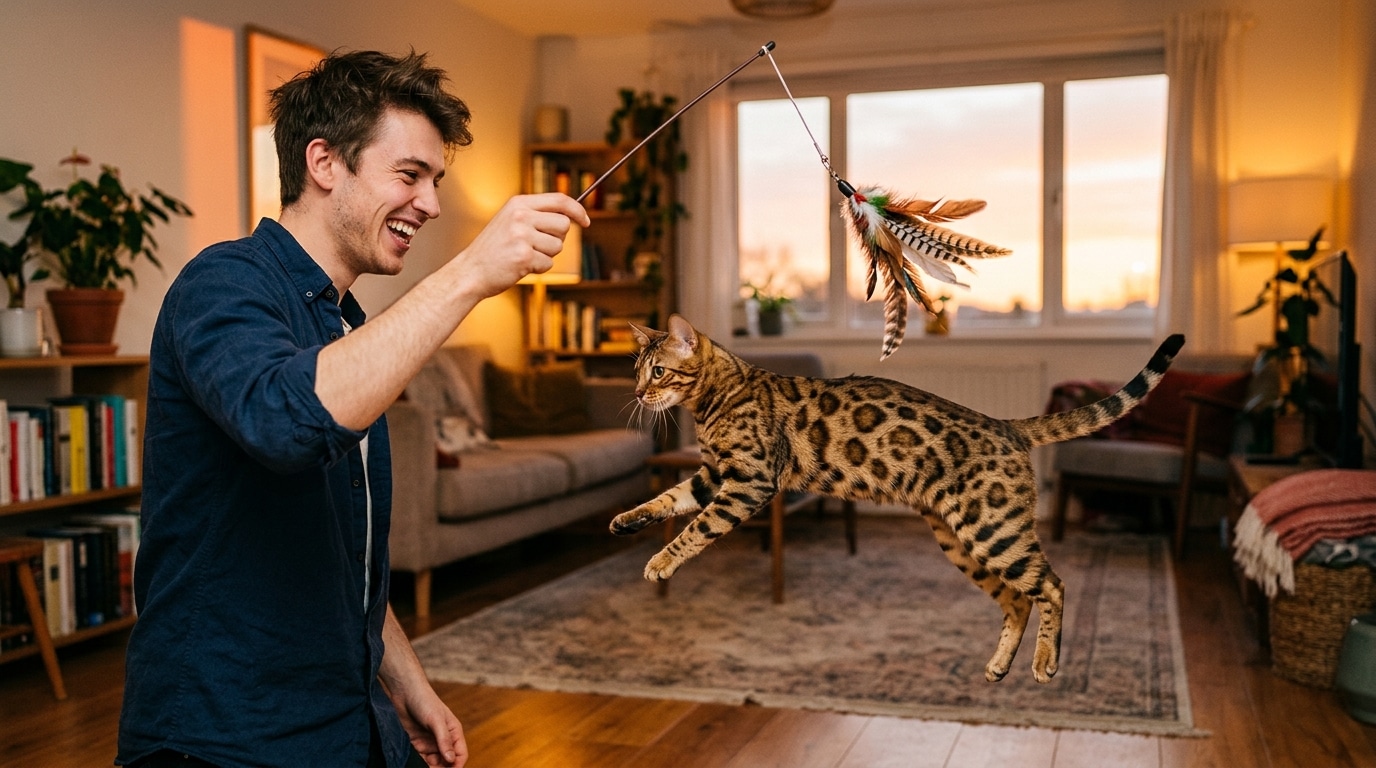 Chat Bengal jouant avec son maître au coucher du soleil