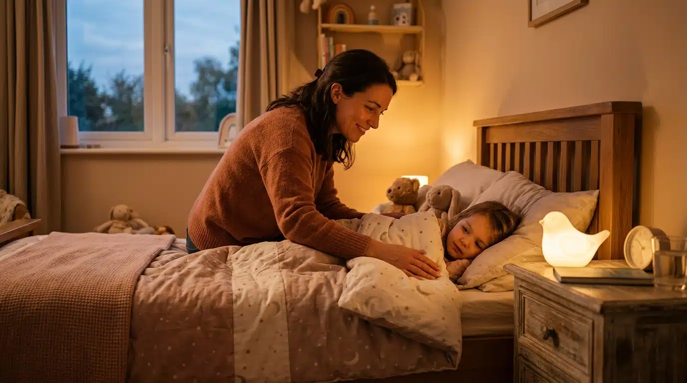 Parent couchant un enfant en douceur le soir