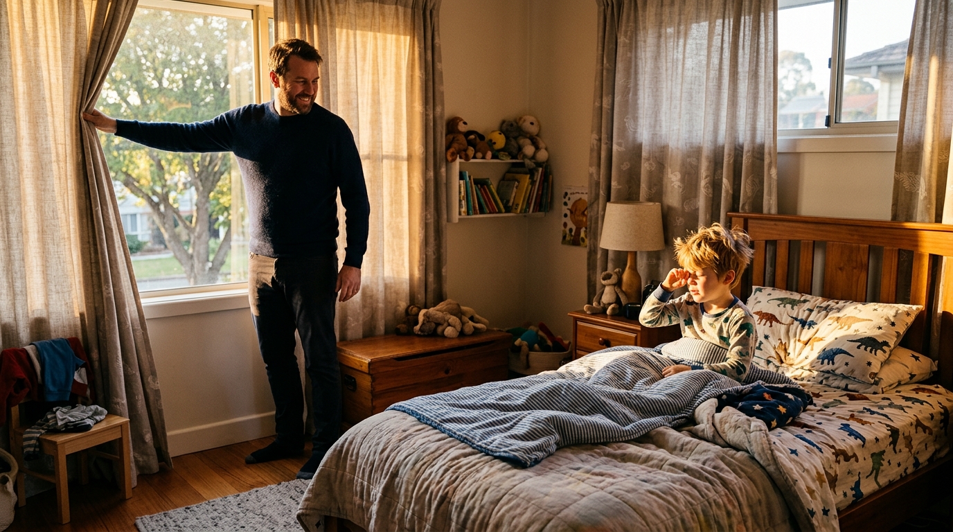 Enfant réveillé par la lumière naturelle du matin