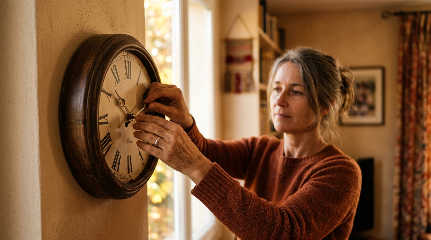 Femme réglant une horloge murale à l'heure d'hiver