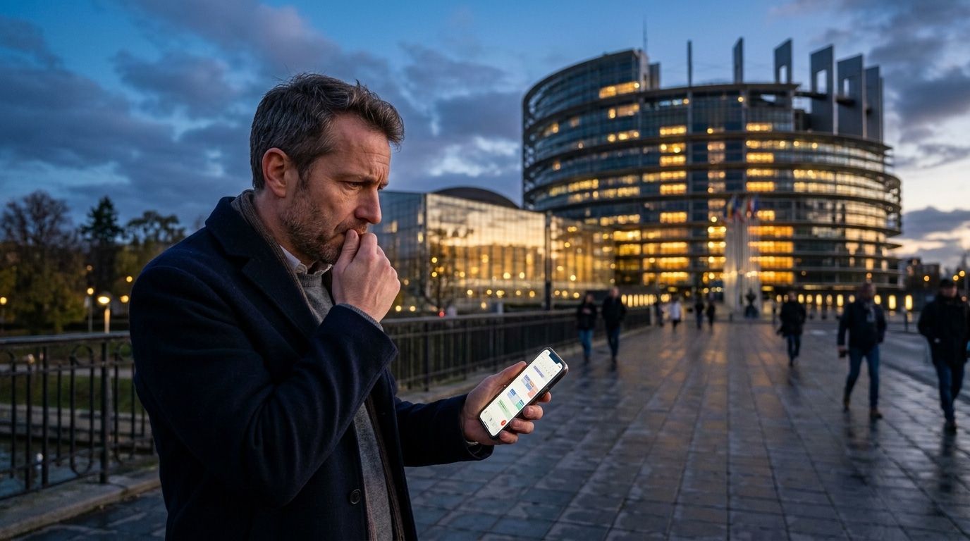 Homme regardant le Parlement européen au crépuscule