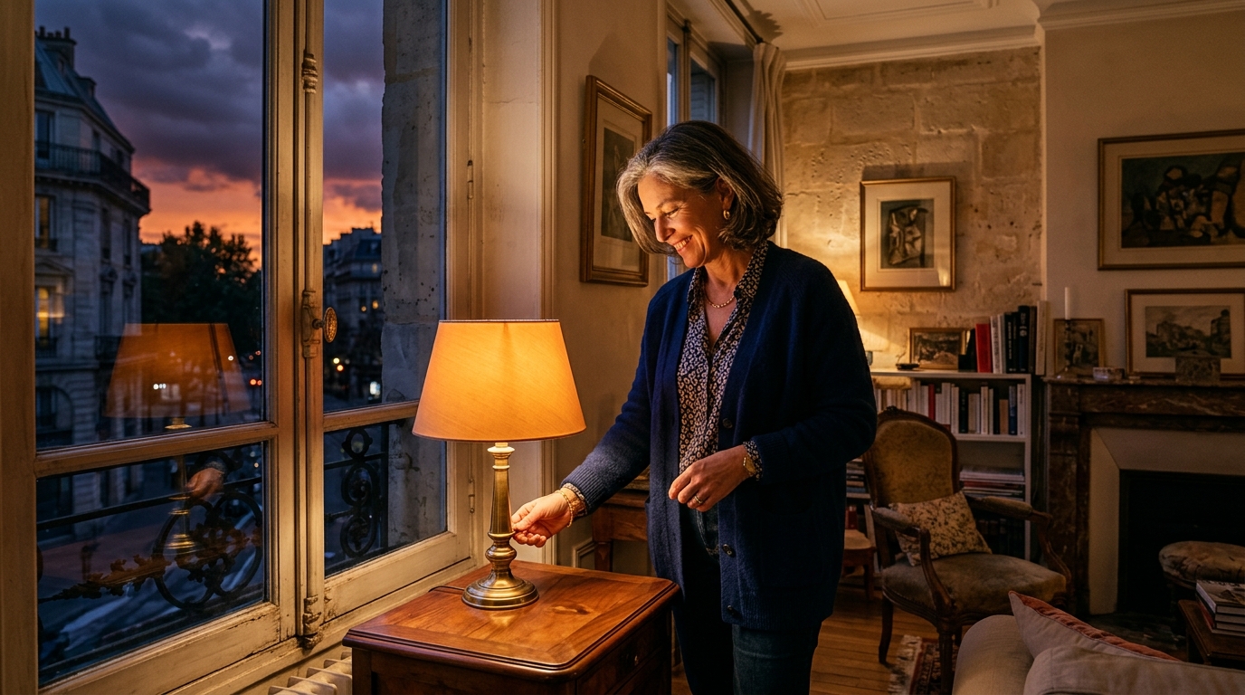 Femme allumant une lampe alors que la nuit tombe tôt