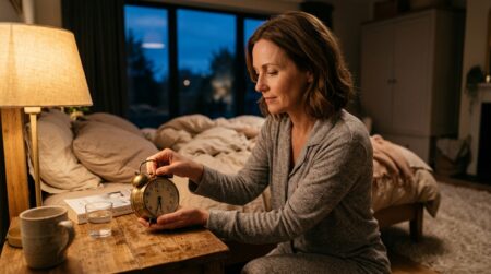 Femme réglant son réveil dans une chambre chaleureuse