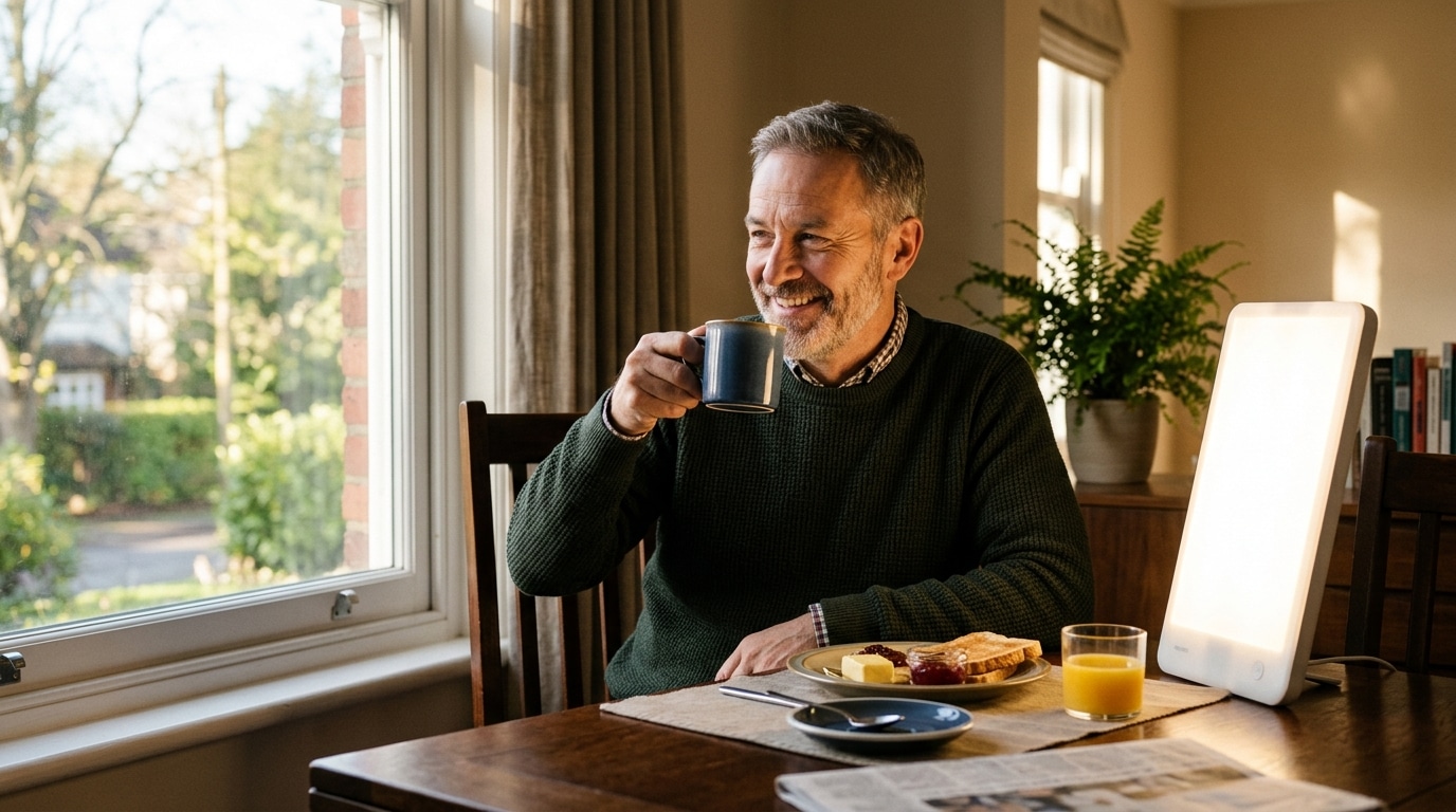 Homme utilisant une lampe de luminothérapie au petit-déjeuner