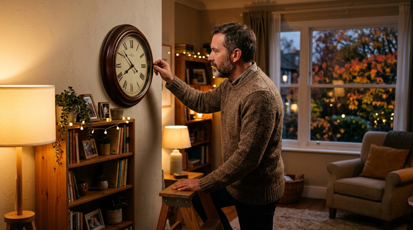 Homme avançant une horloge murale le soir en automne