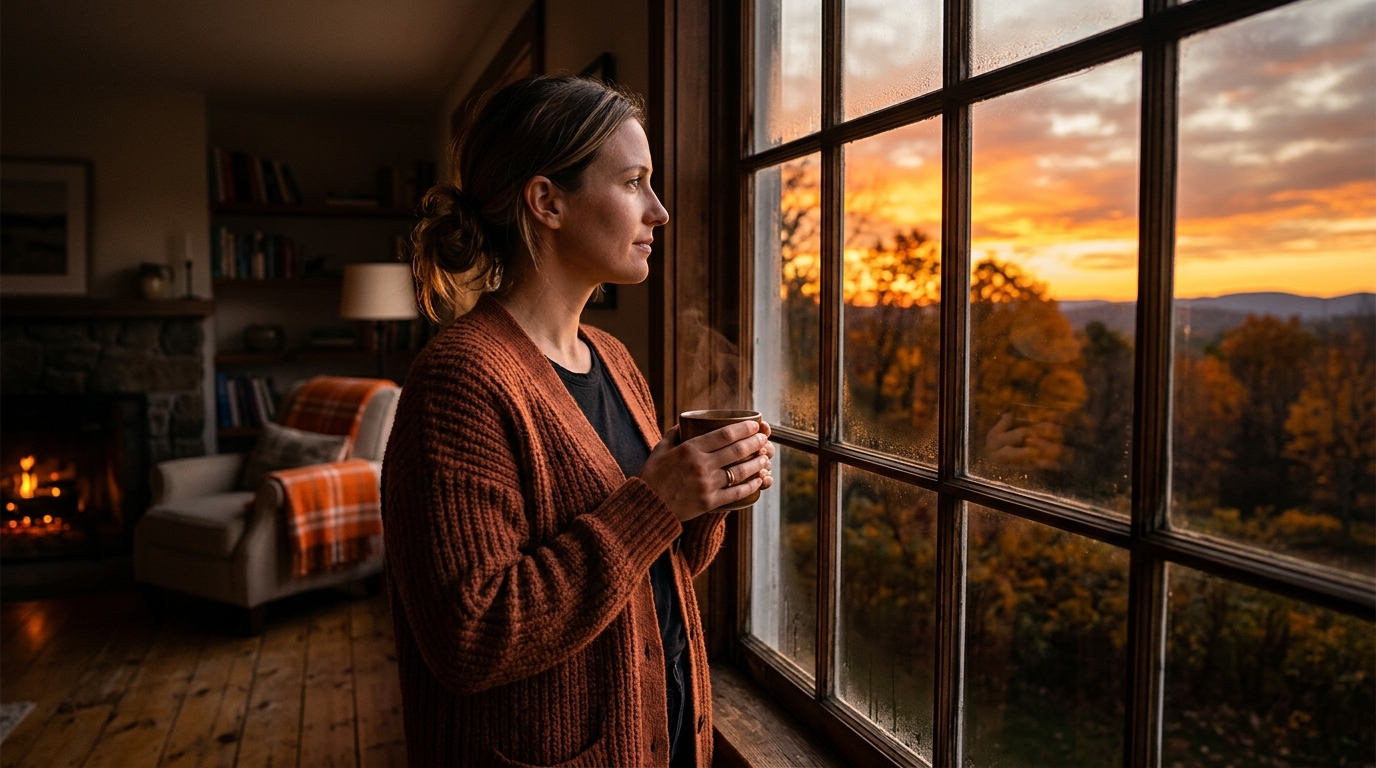 Femme regardant le coucher de soleil précoce en automne