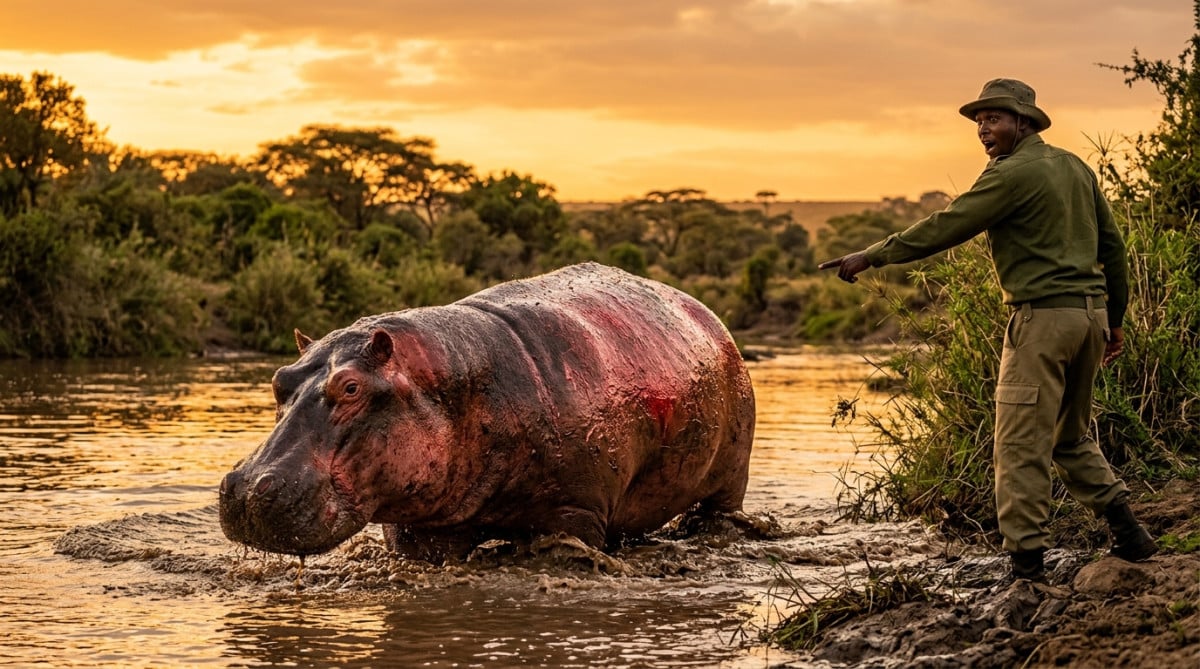 Hippopotame sortant de l'eau avec sa peau rougeâtre au soleil