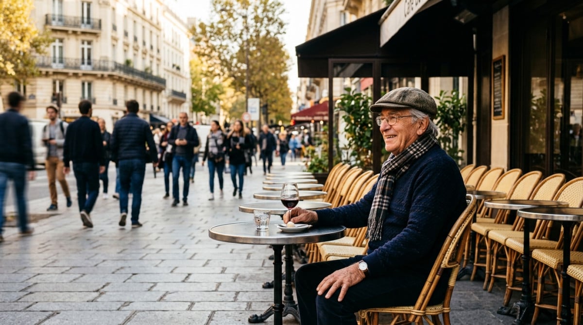 Homme âgé assis en terrasse de café parisien