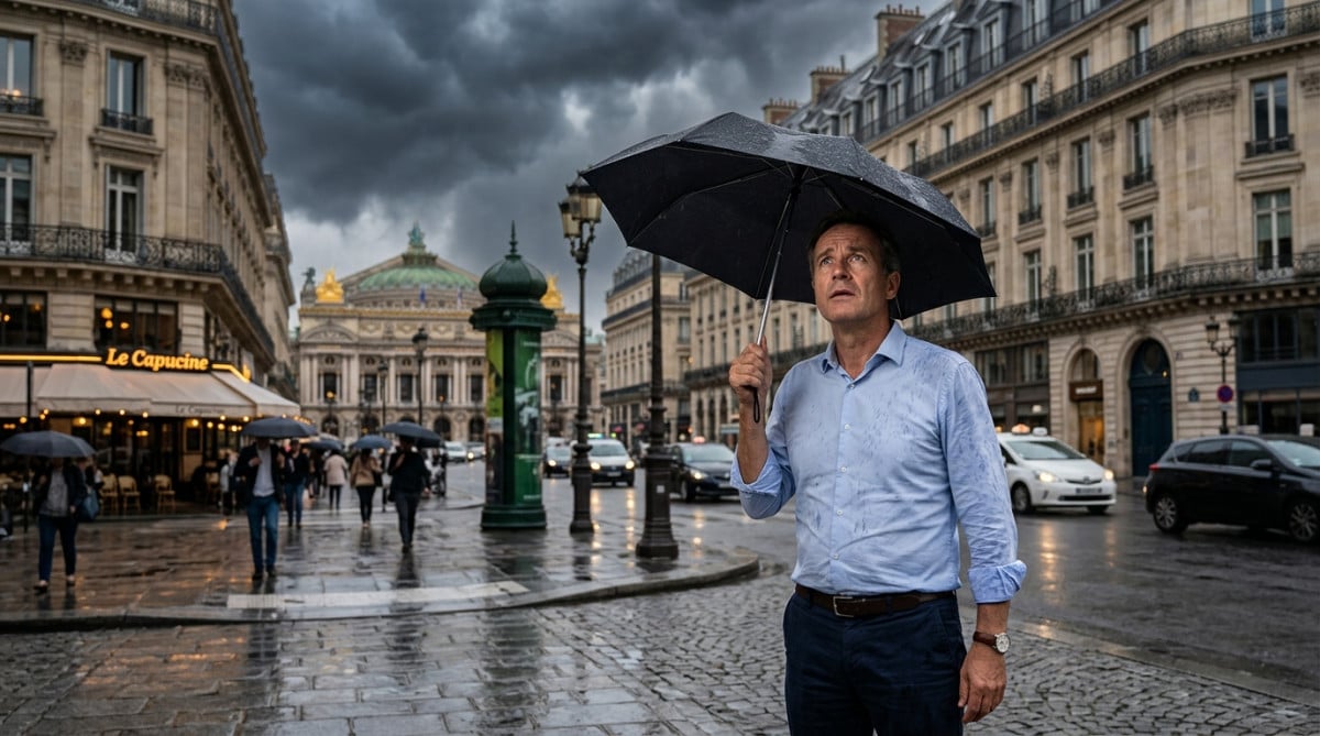 Homme avec un parapluie sous un ciel d'orage à Paris