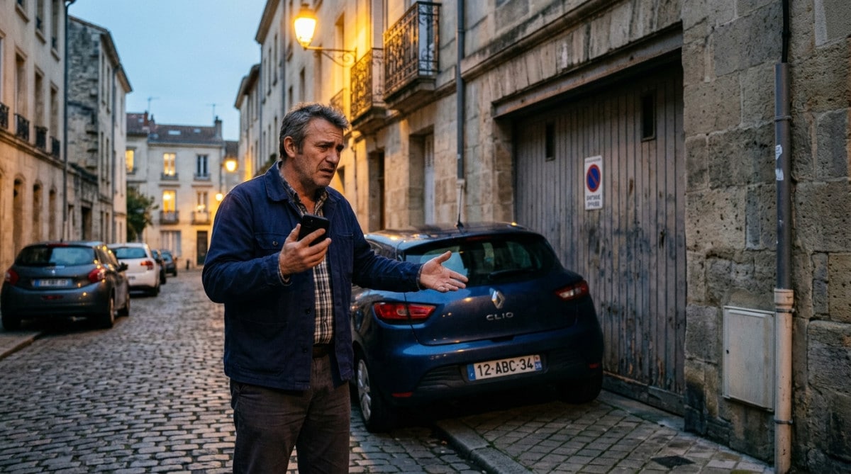 Homme bloqué devant son garage par une voiture mal garée