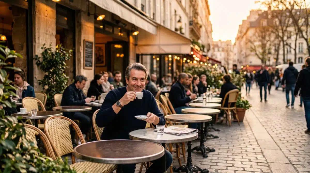 Homme buvant un café à une table ronde parisienne