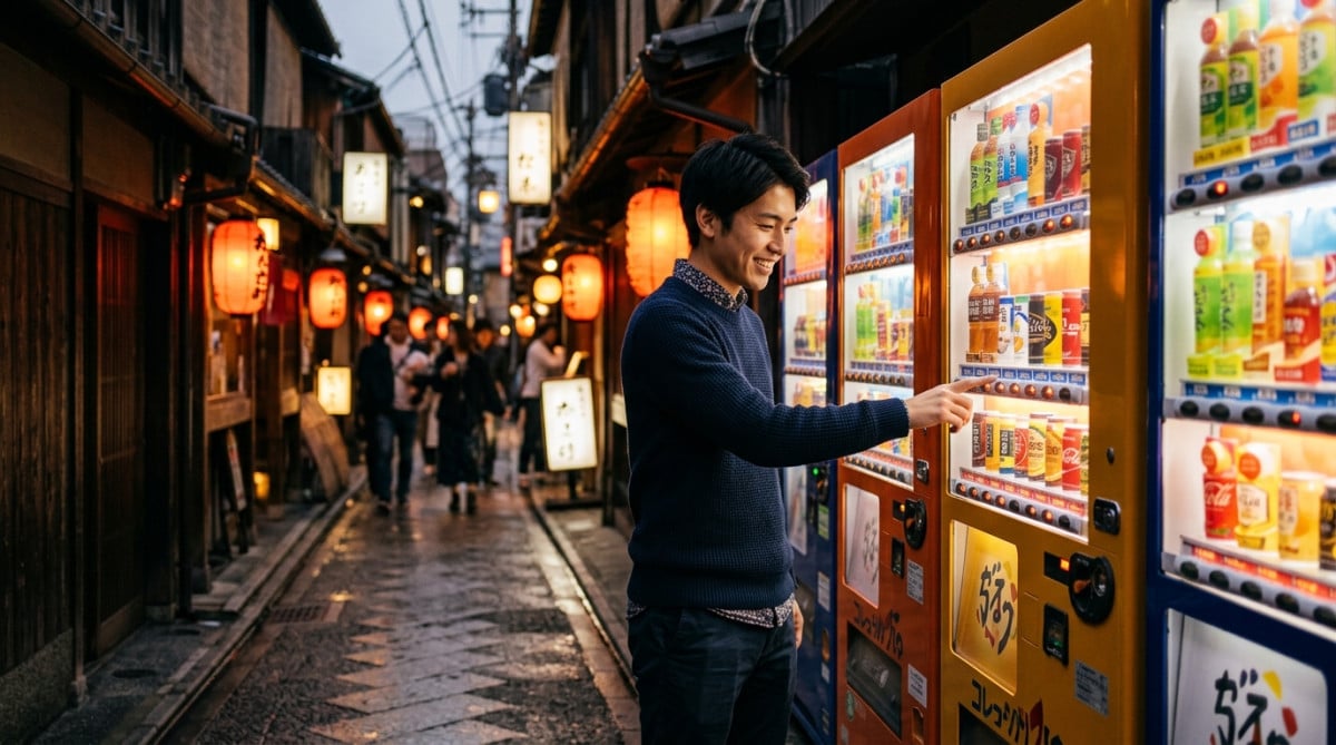 Homme choisissant une boisson dans une ruelle japonaise