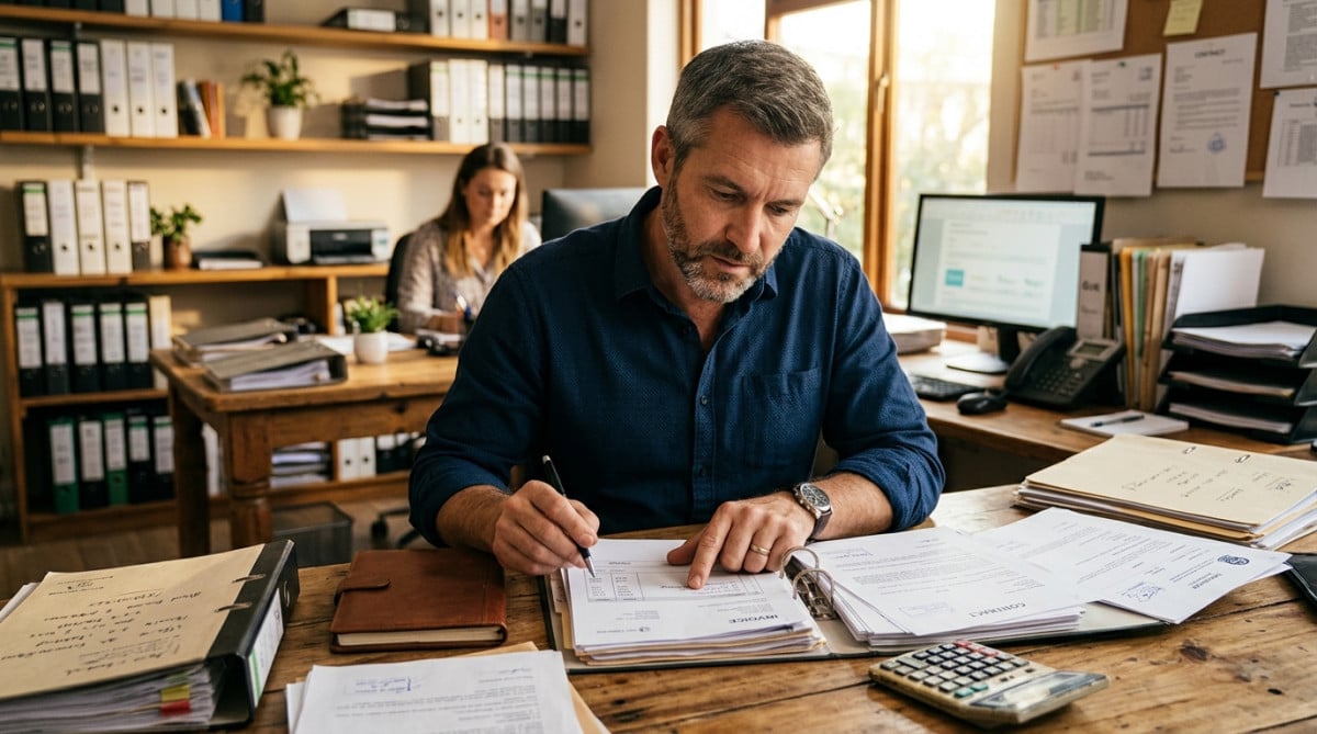 Homme consultant des factures dans un bureau de syndic