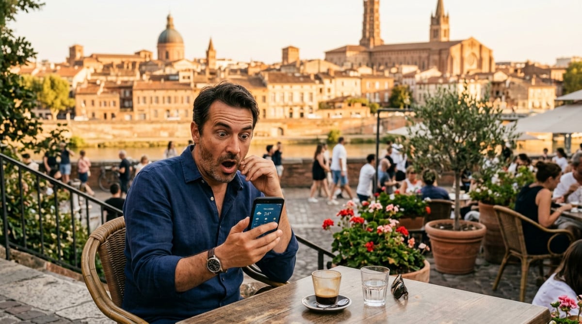 Homme consultant la météo en terrasse à Toulouse