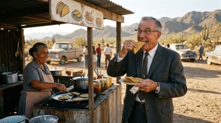 Homme d'affaires goûtant des tortillas frites au Mexique