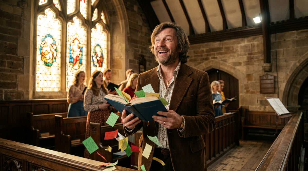 Homme dans une chorale avec des marque-pages qui tombent