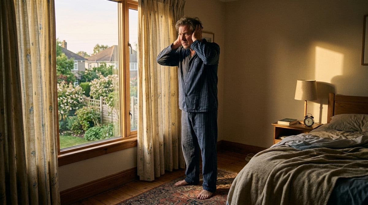 Homme dérangé par le bruit un dimanche matin
