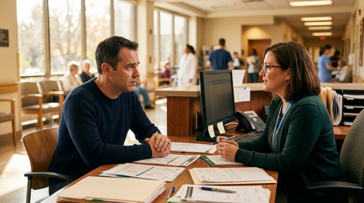 Homme discutant avec une assistante sociale à l'hôpital