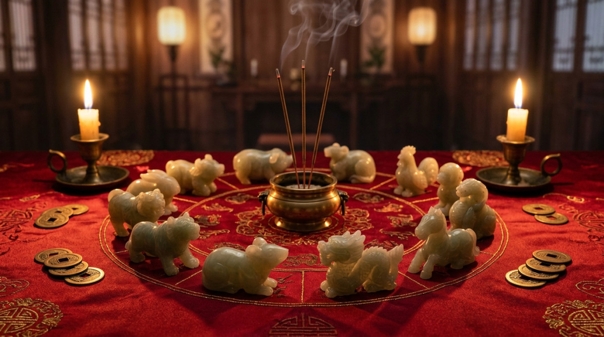 Homme émerveillé contemplant les esprits animaux du zodiaque chinois dans une ambiance mystique