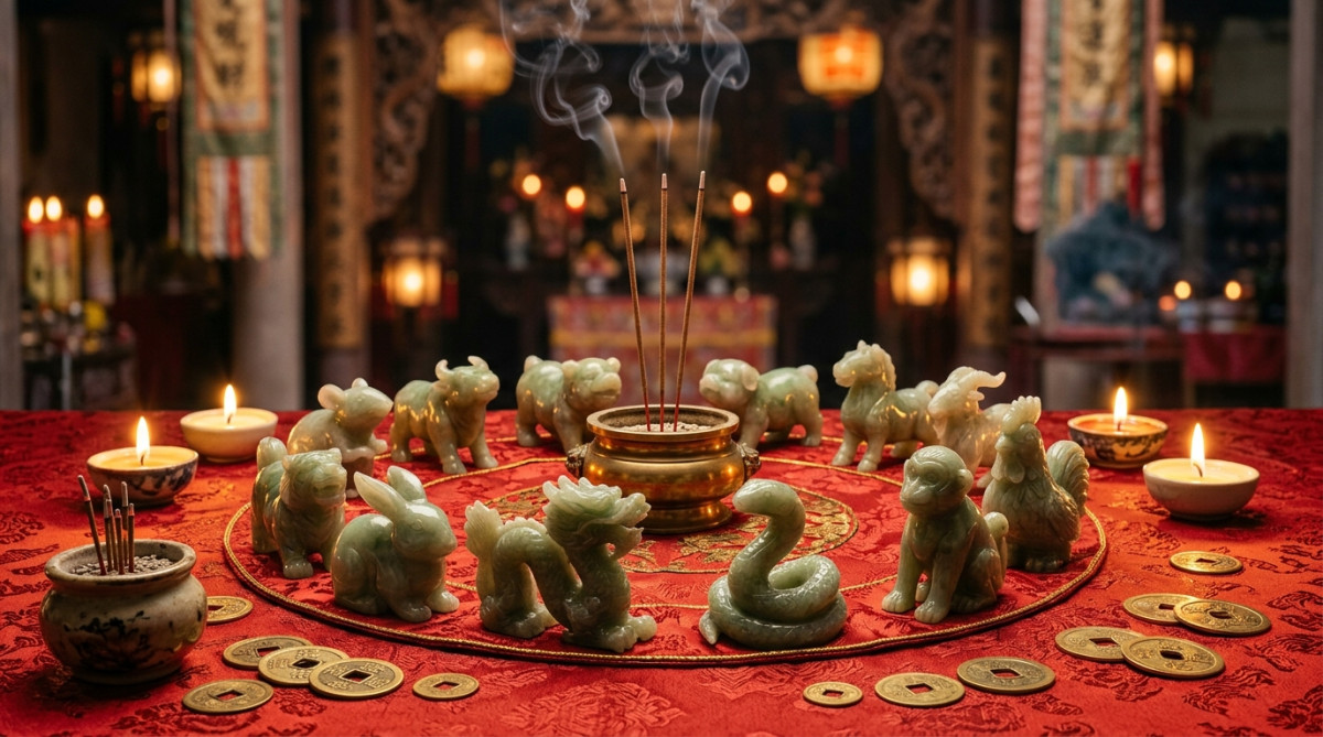 Homme émerveillé contemplant les esprits du dragon et du tigre dans une ambiance mystique chaleureuse