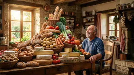 Homme émerveillé devant une montagne de nourriture sur une table