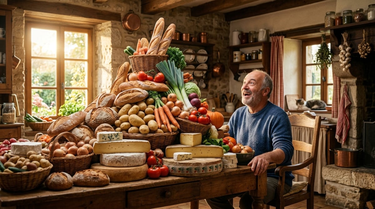 Homme émerveillé devant une montagne de nourriture sur une table