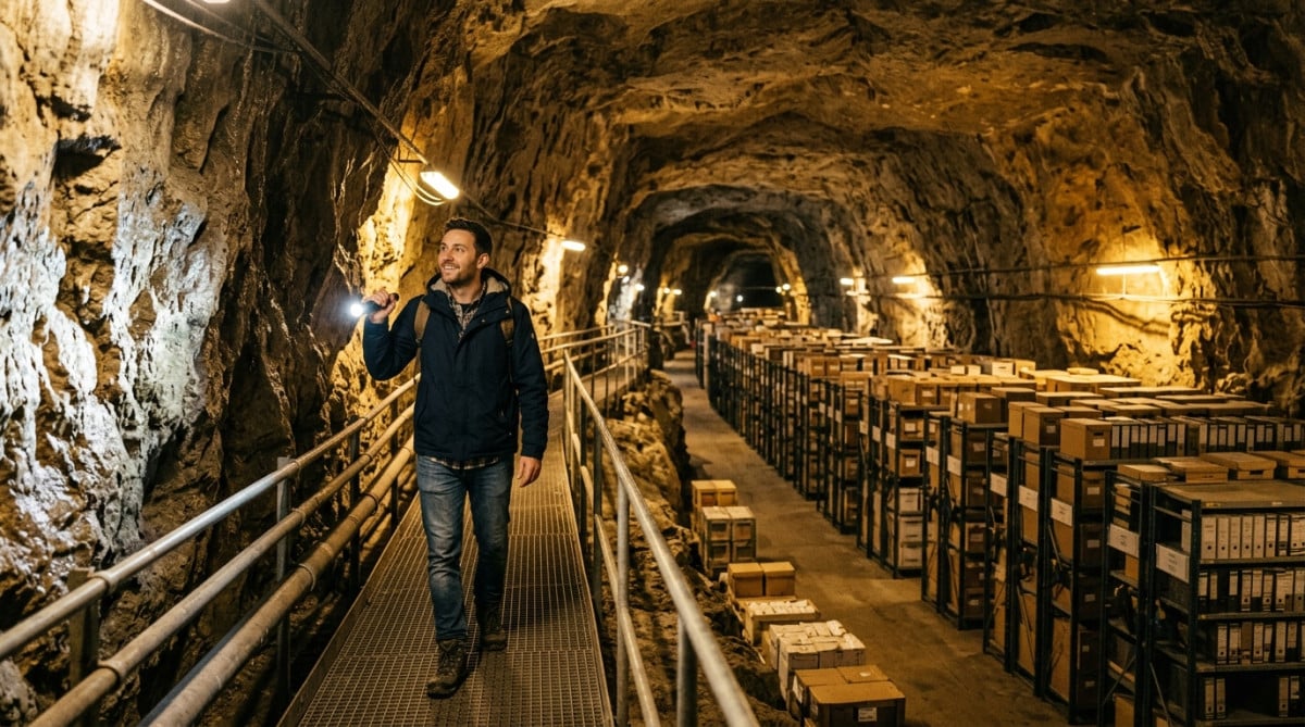 Homme explorant une mine transformée en entrepôt souterrain