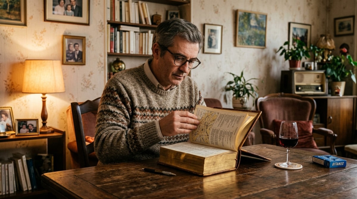 Homme feuilletant un guide gastronomique relié en 1980