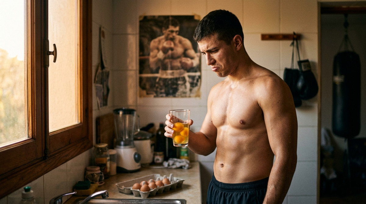 Homme hésitant devant un verre d'œufs crus le matin