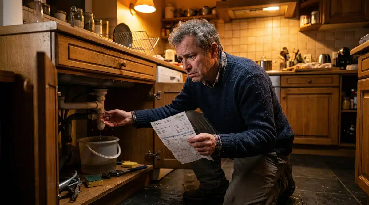 Homme inquiet avec une facture d'eau devant un tuyau qui fuit