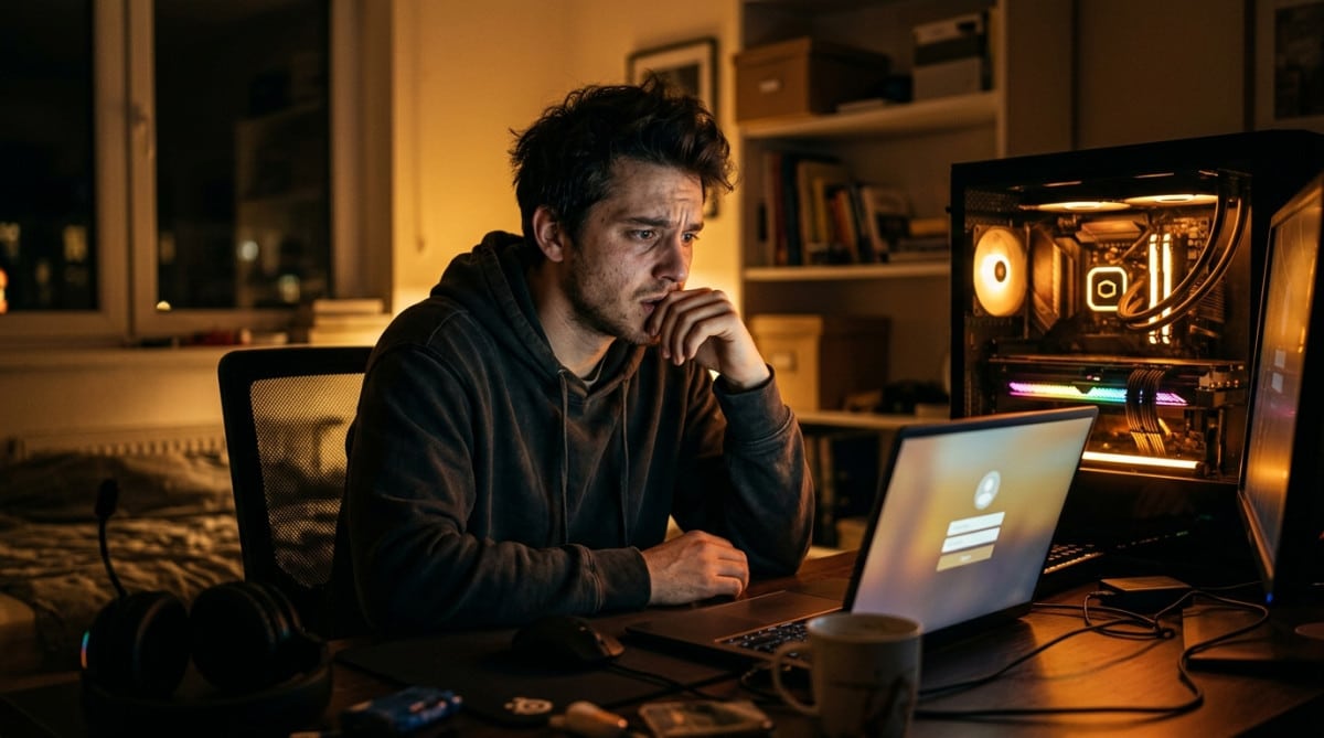 Homme inquiet devant son ordinateur et une carte graphique allumée