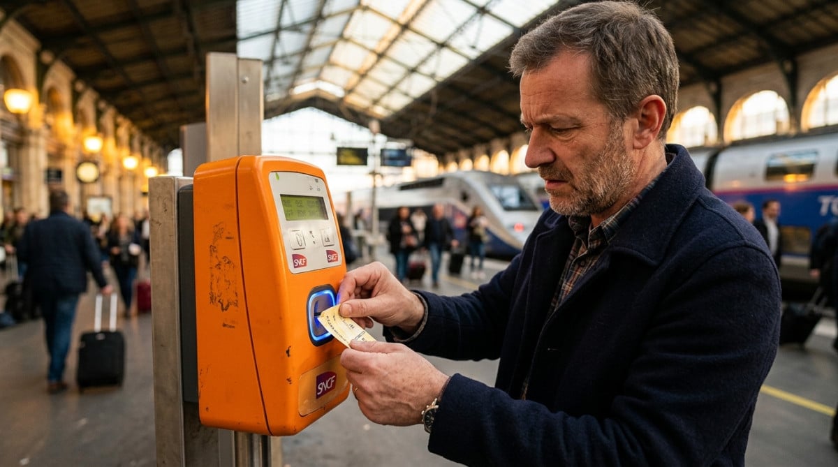 Homme insérant un billet plié dans un composteur