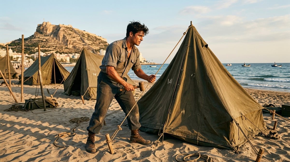 Homme installant des tentes militaires sur une plage
