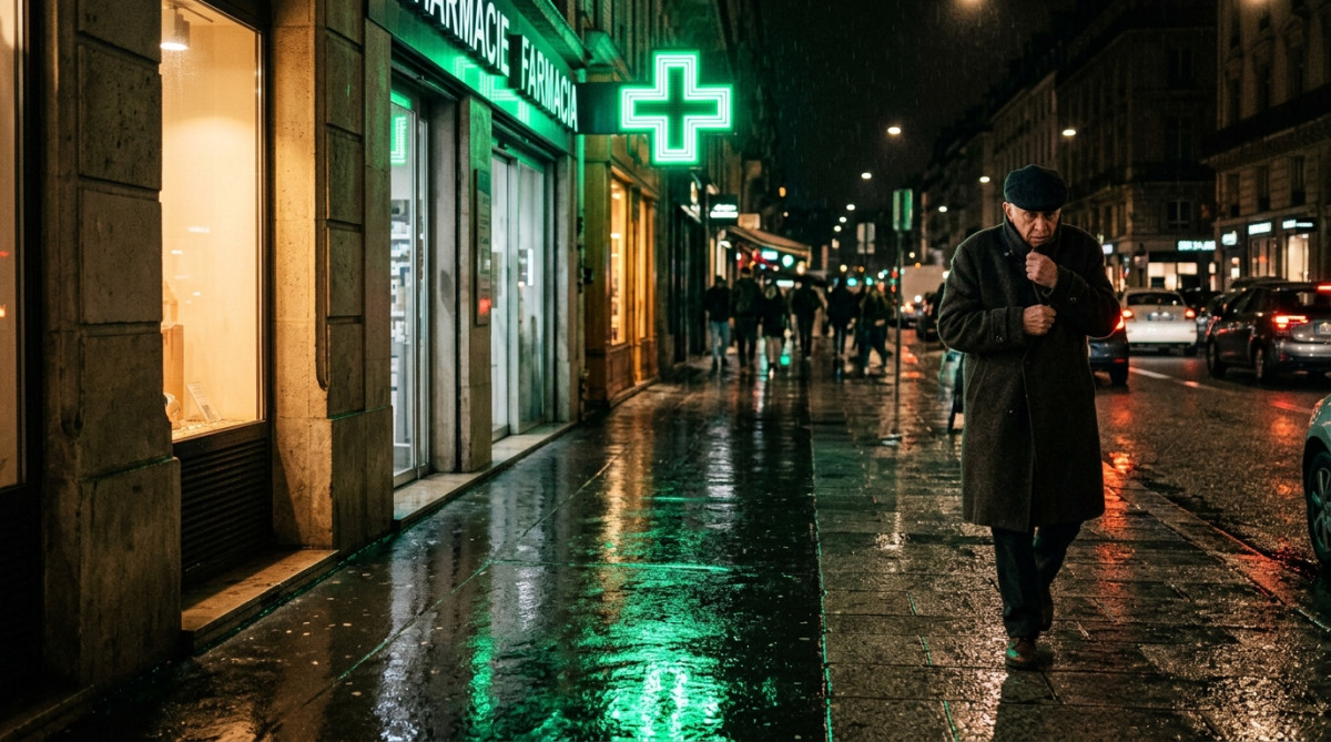 Homme marchant vers une pharmacie illuminée la nuit
