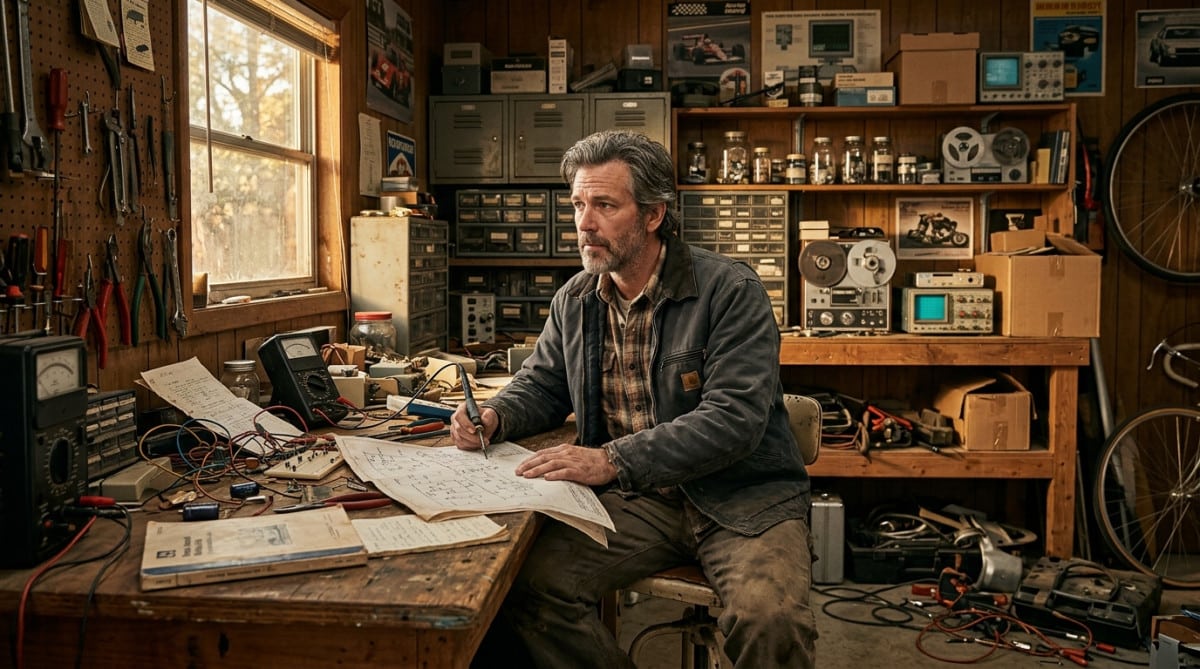Homme pensif dans un garage californien vintage