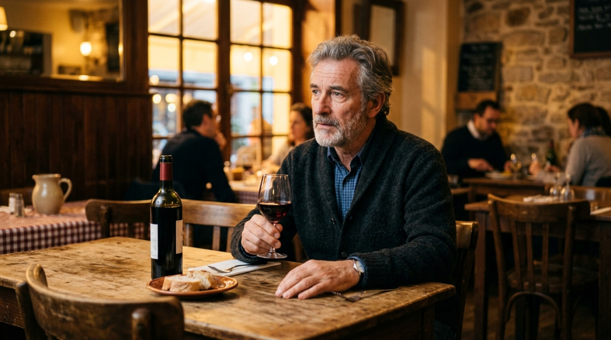 Homme pensif tenant un verre de vin rouge à table