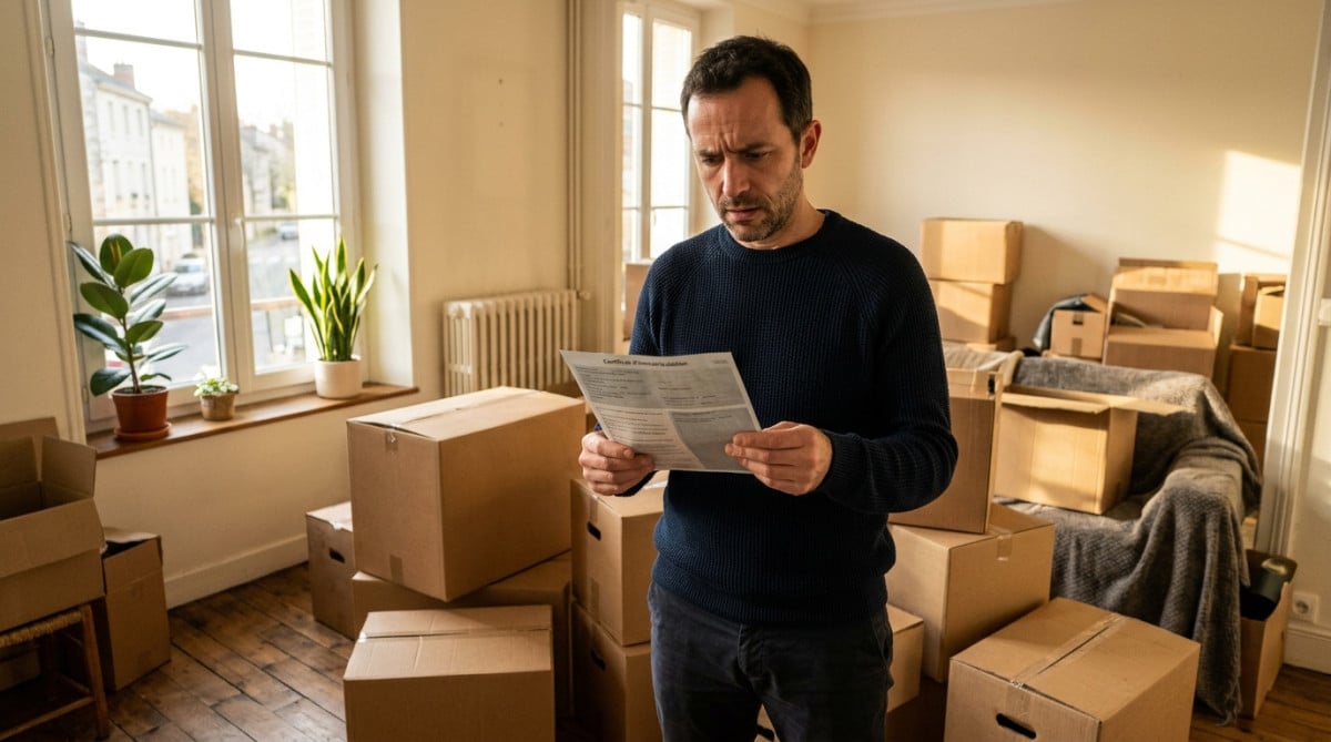Homme perplexe avec sa carte grise devant des cartons de déménagement
