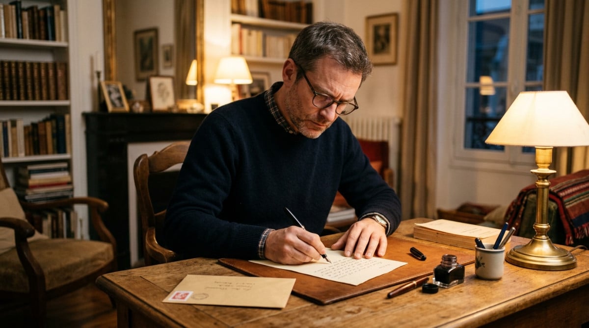 Homme rédigeant une lettre de réclamation bancaire