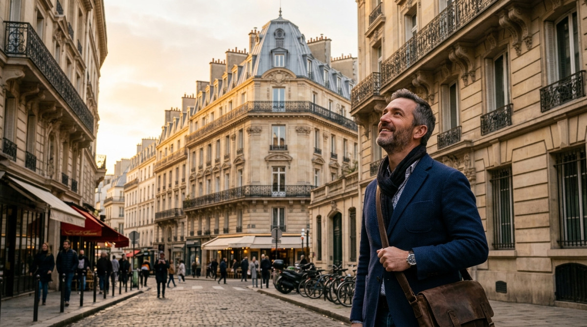 Homme regardant les toits mansardés typiques de Paris