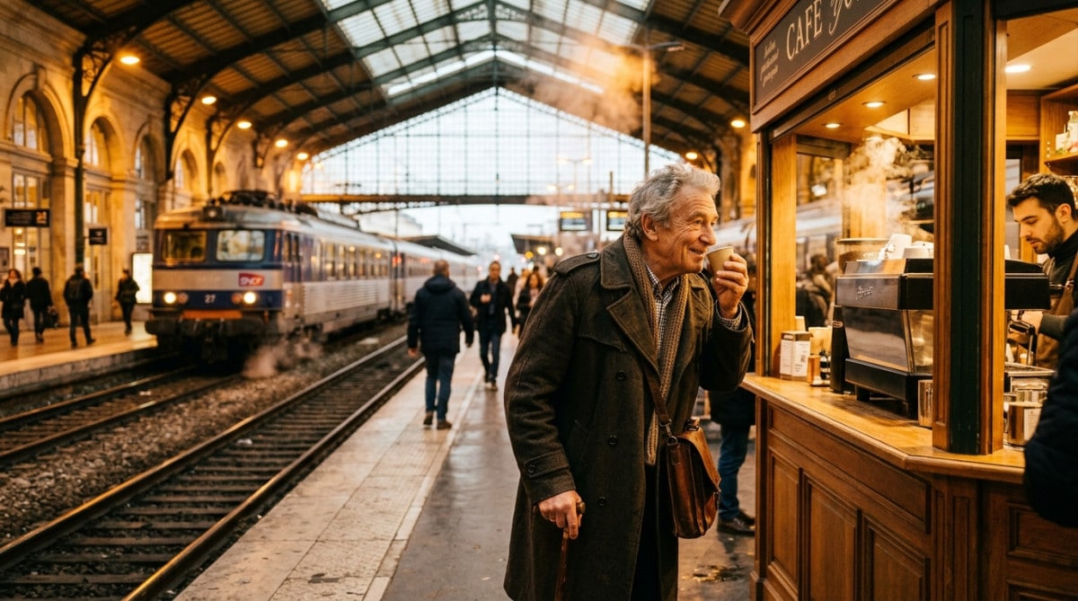 Homme respirant l'odeur caractéristique d'une gare française