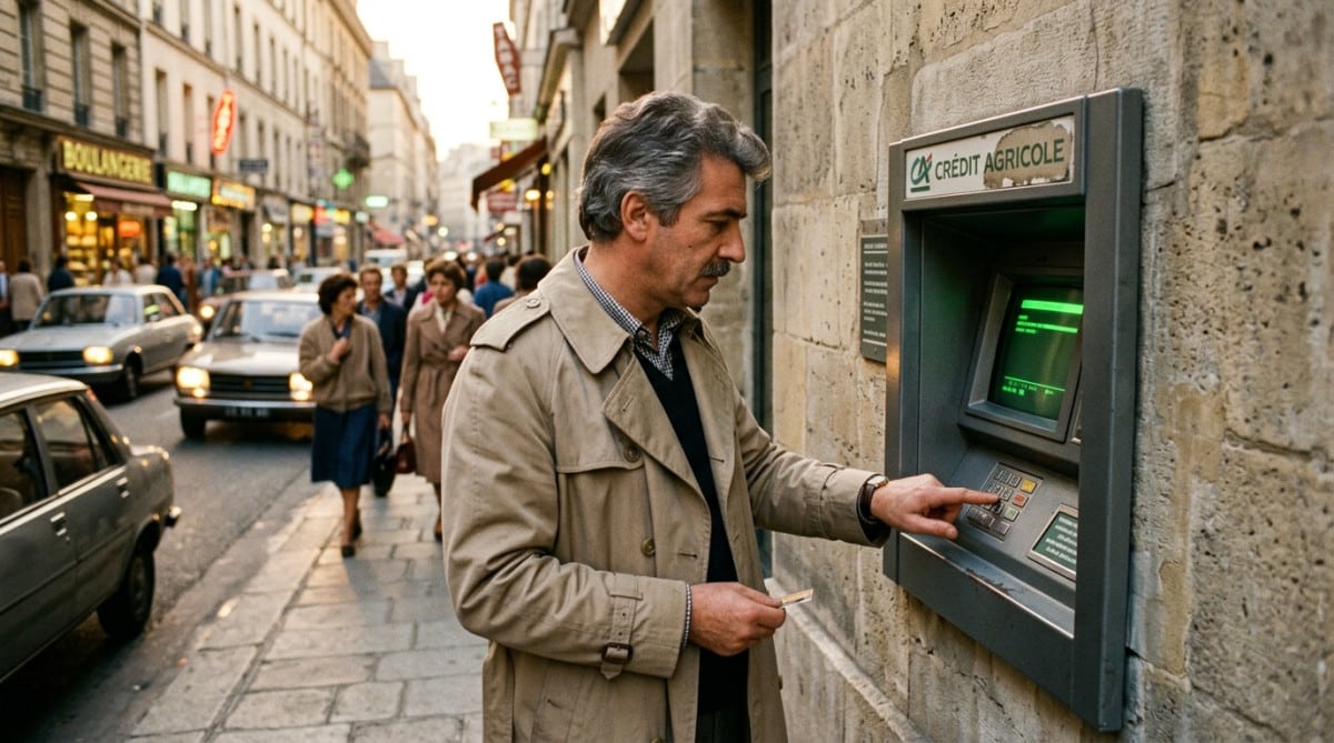 Homme retirant de l'argent à un distributeur des années 80