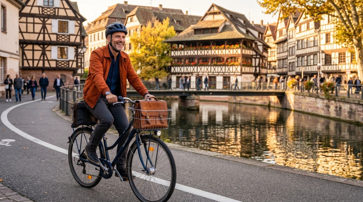 Homme se rendant au travail à vélo dans les rues de Strasbourg